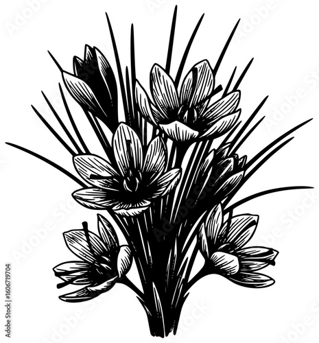 Black silhouette vector icon logo illustration of saffron threads being carefully harvested and ground into powder or sprinkled into a pot of rice with a luxurious dish garnished with saffron strands