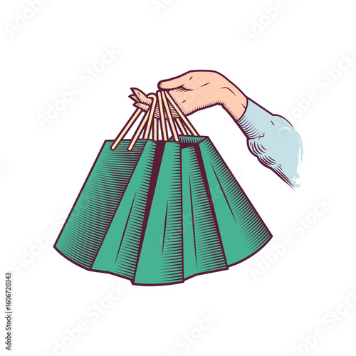 Vintage design showcasing a hand holding shopping bags with handles, perfect for retail themes and promotional designs.