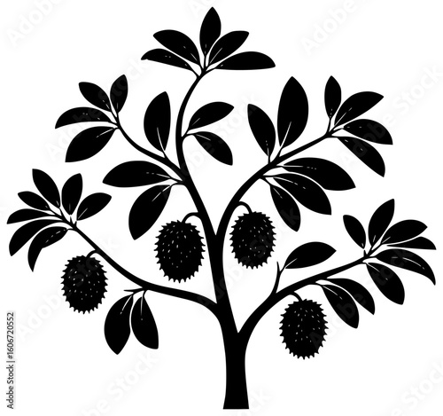 Black silhouette vector icon logo illustration of ripe soursop fruit hanging from a tree or sliced into fresh pieces served in a smoothie or used in herbal tea and delicious tropical desserts
