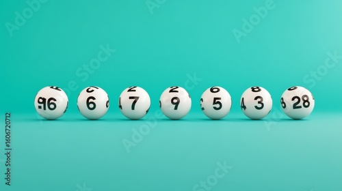 A minimalist composition of six floating numbered lottery balls aligned in a row over a solid teal background smooth