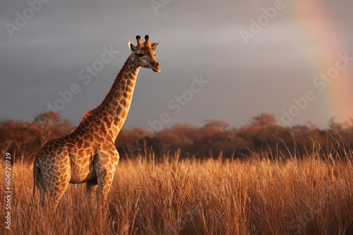 Majestic giraffe standing peacefully in golden savannah grassland with spectacular rainbow backdrop during warm sunset hour, perfect for eco tourism and wildlife conservation content