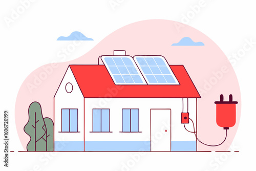 Dom z panelami fotowoltaicznymi na dachu. Koncepcja zielonej energii, ekologii i samowystarczalności energetycznej.