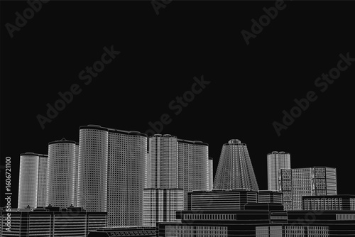 Black and white city skyline with tall buildings in clean contour style. The urban townscape stands out against a dark background, featuring sharp silhouettes and minimalist details.