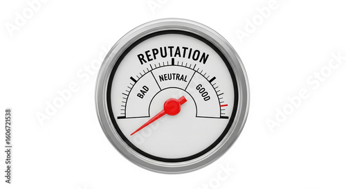 Circular gauge indicating reputation level, ranging from bad to good, needle pointing towards neutral, symbolizing brand or company image assessment