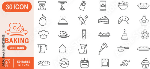 Baking Line Icon Set. Editable stroke icons for desserts, cakes, pastries, ingredients, cooking utensils, and bakery equipment. Perfect for recipe apps, kitchen packaging, food blogs, and cafe brandin