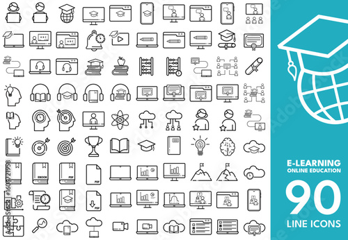 E-learning,  Online Education Editable Icons set. Vector illustration in modern line style of digital learning, webinars, and more. Isolated on transparent background.