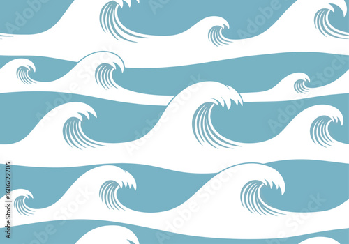 Vector illustration of a seamless pattern with stylized ocean waves in a traditional oriental graphic style. Blue water background for wallpaper, textile, or fabric.