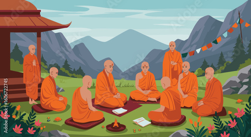 Buddhist Monks Gathering in Mountain Temple Garden