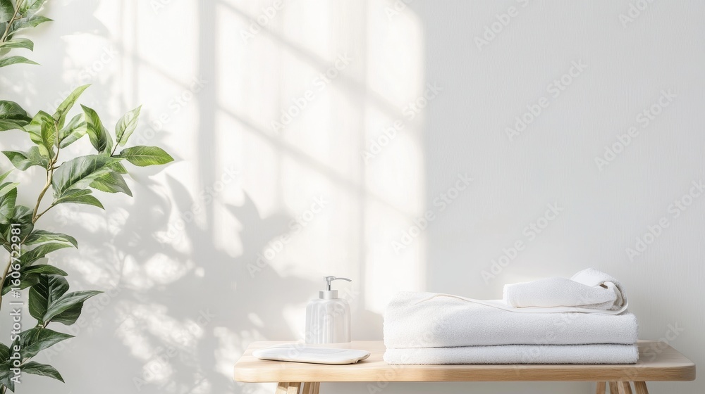 Fototapeta premium A minimalist laundry corner with an ironing board iron folded clothes and a plant solid neutral background modern