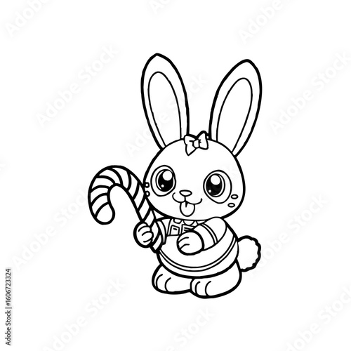 Cute cartoon bunny holding a candy cane, sticking its tongue out, outlined for coloring.