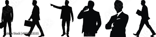 Businessman silhouette vector set featuring professional poses, walking, talking, pointing, and holding a briefcase