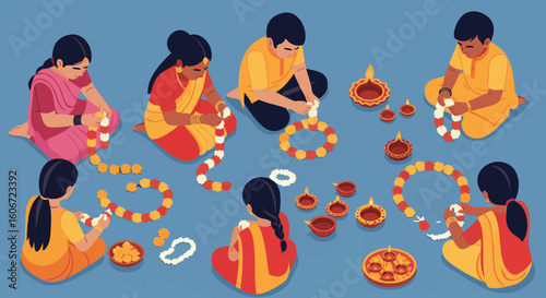 Family Celebrating Indian Festival Making Diyas Garlands