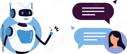 Vector art of a robot chatbot is shown interacting with a woman through speech bubbles, illustrating the use of ai in online communication and customer support