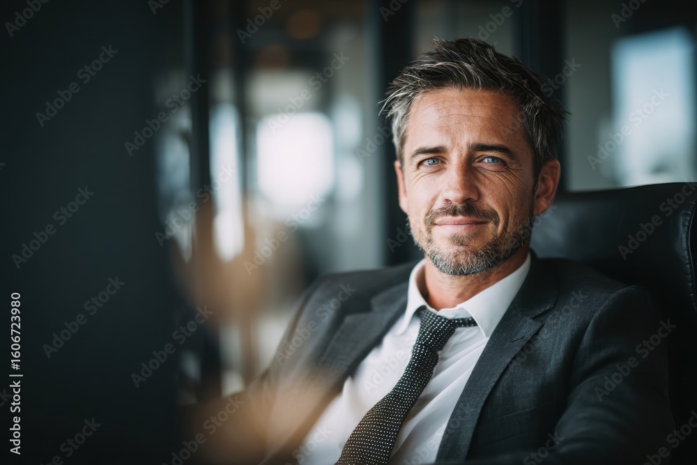 Fototapeta premium Confident man with relaxing in a bright office space, conveying leadership, professionalism, and a friendly business atmosphere.