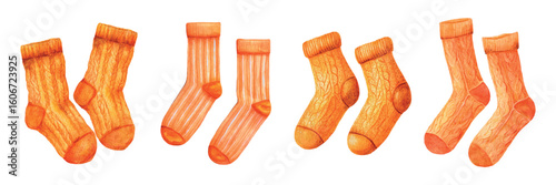 Aquarelle set of warm knitting socks png. Cozy knitted socks of orange color with patterns. Warm elements of autumn clothing. Elements of wardrobe for cold season. Vector illustration.