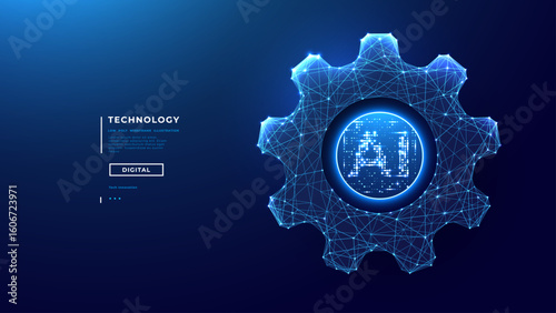 AI icon into abstract digital gear on technology blue background. Business solution and tech innovation concept. Circle AI chip or semiconductor and wheelwork in low poly wireframe vector illustration