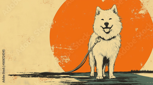 Samoyed dog standing on a leash with a stylized sun background  