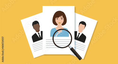 Vector art of a magnifying glass over resumes represents job search and recruitment