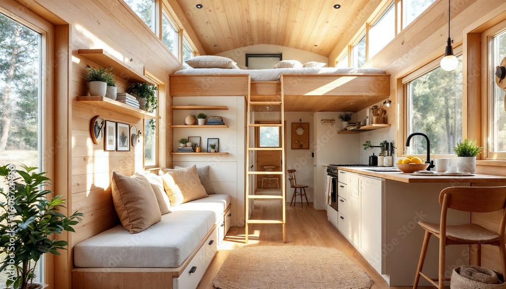 Fototapeta premium Cozy sunlit modern tiny house interior with minimalist, warm, space-saving design.