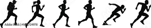 Silhouette vector set of six athletes in running and sprinting poses, suitable for sports, fitness, and active lifestyle design projects.