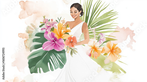 Radiant bride holding vibrant tropical flowers in elegant gown  