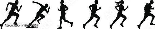 Silhouette vector illustration of six athletes in various running and sprinting positions, perfect for sports and fitness design themes.