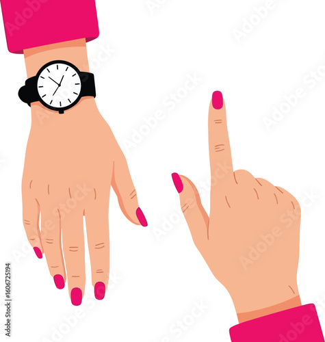 Vector art of hand with a watch pointing upwards, isolated on white background, illustrating time management and deadlines