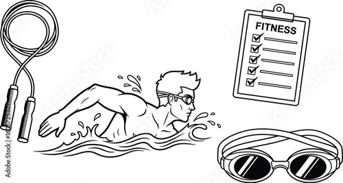 Vector art of a swimmer glides through the water, a jump rope awaits, a fitness checklist stands ready, and swimming goggles are prepared for a dive, isolated on white background