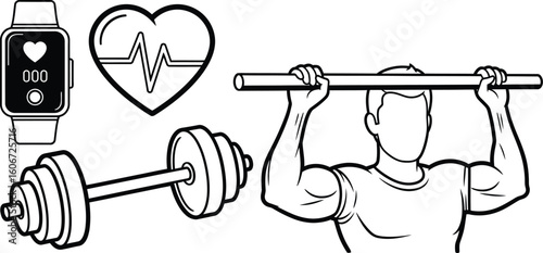 Vector art of a fitness themed illustration featuring exercise equipment, a heart rate monitor, and a weightlifter isolated on white background