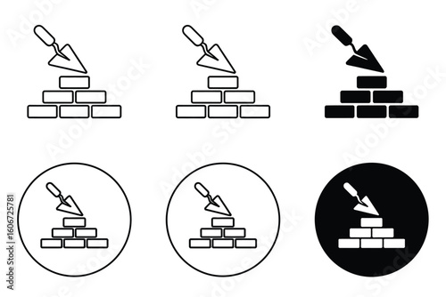 Set of bricklaying trowel and brick wall icons in different styles