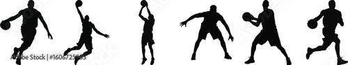 Silhouette vector set of five basketball player actions including dribbling, jumping, and shooting, ideal for sports design themes.
