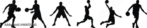 Silhouette vector illustration of five basketball player poses in action, perfect for sports, fitness, and athletic design projects.