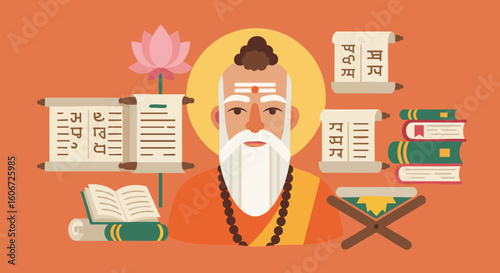 Hindu Guru with Ancient Scriptures and Wisdom Symbols Illustration