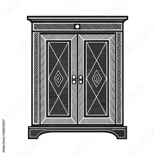 Monochromatic Kitchen Wardrobe Illustration Ornate Design and Intricate Patterns A Fusion of Vintage Charm and Artistic Flair