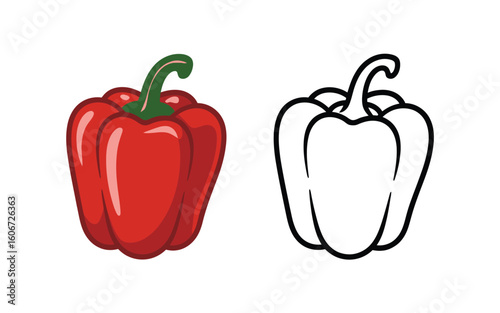 Red bell pepper and outline drawing for coloring