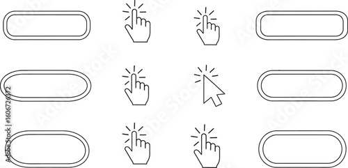 Vector art of clicking cursors and hand pointers selecting buttons on a digital interface