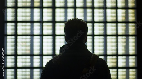 A person standing in front of a wall of lottery results boards with glowing numbers being updated solid neutral gray 