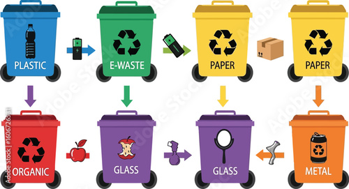 Vector art of recycling bins for plastic, paper, organic, glass, metal, and ewaste, promoting environmental awareness and sustainable waste management