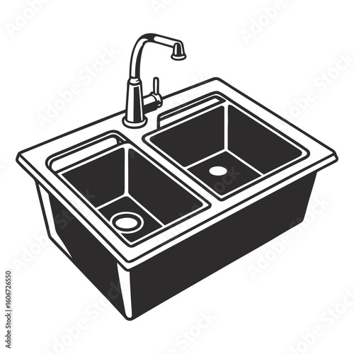Monochrome Illustration of a Silhouette Double Basin Kitchen Sink with Modern Faucet Perfect for Minimalist Design Projects.