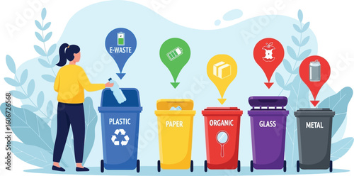 Vector art of a woman is sorting waste into different recycling bins for plastic, paper, organic, glass, metal, and ewaste, promoting environmental awareness and sustainable waste management