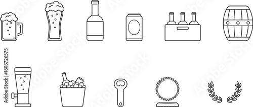 Beer Icon Set – Line Style Vector of Beer Glass, Bottle, Can, Tap, Barrel, and Bar Items
