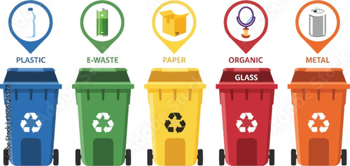 Vector art of recycling bins for plastic, paper, organic, glass, metal, and ewaste, promoting environmental awareness and sustainable waste management
