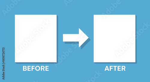 Vector art of a comparison of before and after with polaroid frames and a directional arrow, illustrating change and transformation