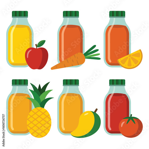 Assortment of fresh fruit and vegetable juices in glass bottles with ingredients