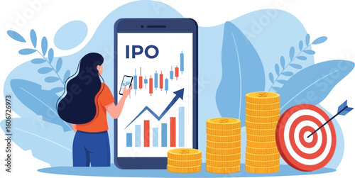 Vector art of a woman is analyzing ipo stock market charts on her phone, with stacks of coins and a target indicating investment goals