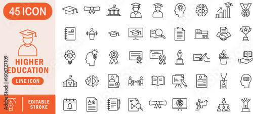 Higher Education Line Icon Set. Editable stroke icons for university, graduation, diploma, research, leadership, learning, online courses, and academic achievements. Ideal for web apps, e-learning pla