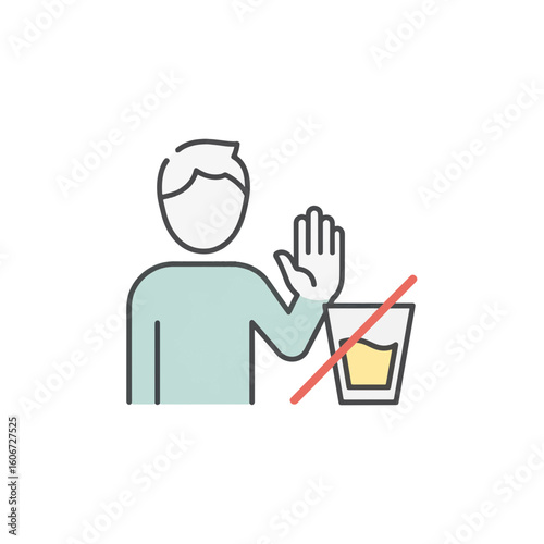 Minimalistic icon of a man refusing a drink on a white background