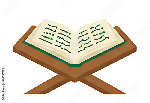 An open religious book rests on a wooden stand, displaying script.