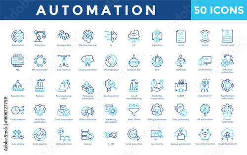 Automation icons set with automation, robot arm, conveyor belt, machine learning, ai, iot, algorithm, script, sensor, control panel icon. Simple outline color vector 
