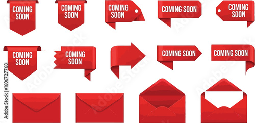 Vector art of a set of red coming soon ribbons, banners, labels, and envelopes isolated on white background